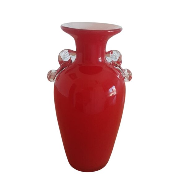 Franz Welz Czech Bohemian Red White Blown Glass Vase W/ Embossed Feather Handles - Picture 5 of 6